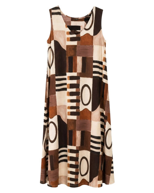 Vestido Óleo: vestido largo de diario sin mangas en tejido de licra fría con estampado artístico de pinceladas abstractas en tonos verde y tierra de Quiles_Shop.