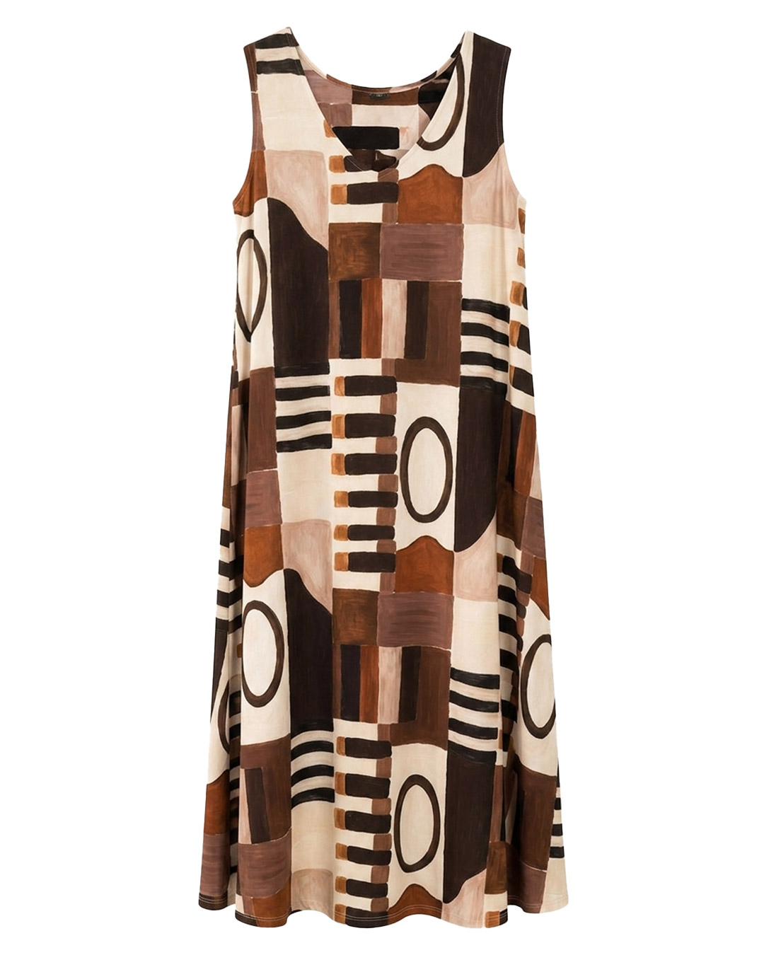Vestido Óleo: vestido largo de diario sin mangas en tejido de licra fría con estampado artístico de pinceladas abstractas en tonos verde y tierra de Quiles_Shop.
