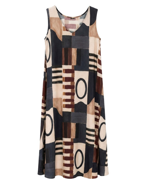 Vestido Óleo: vestido largo de diario sin mangas en tejido de licra fría con estampado artístico de pinceladas abstractas en tonos verde y tierra de Quiles_Shop.