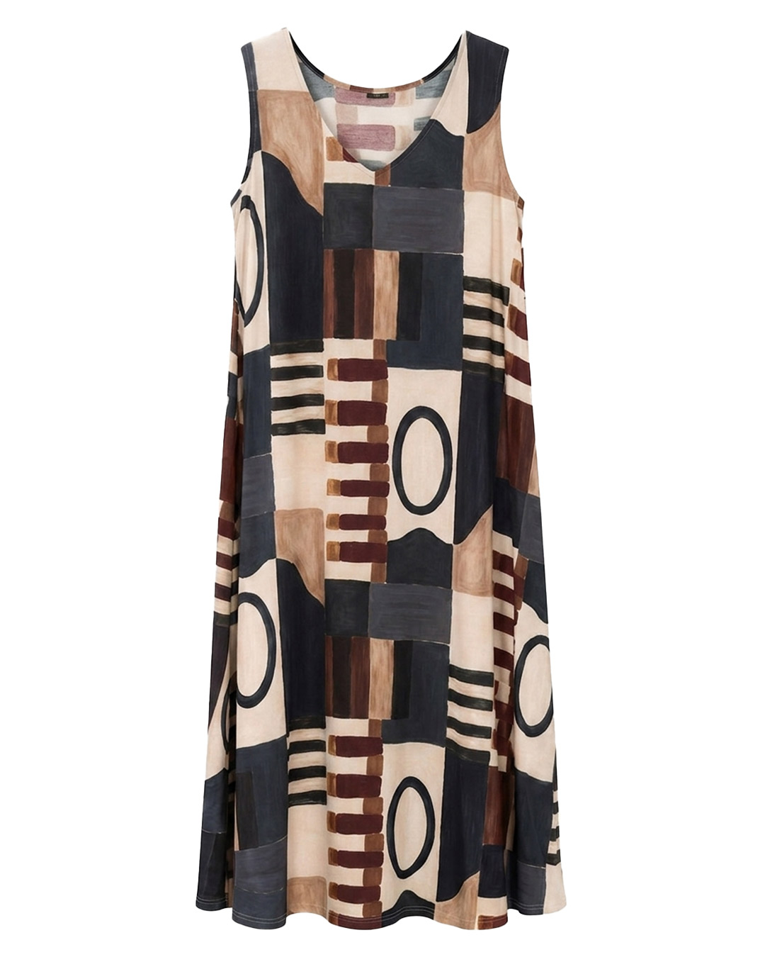 Vestido Óleo: vestido largo de diario sin mangas en tejido de licra fría con estampado artístico de pinceladas abstractas en tonos verde y tierra de Quiles_Shop.