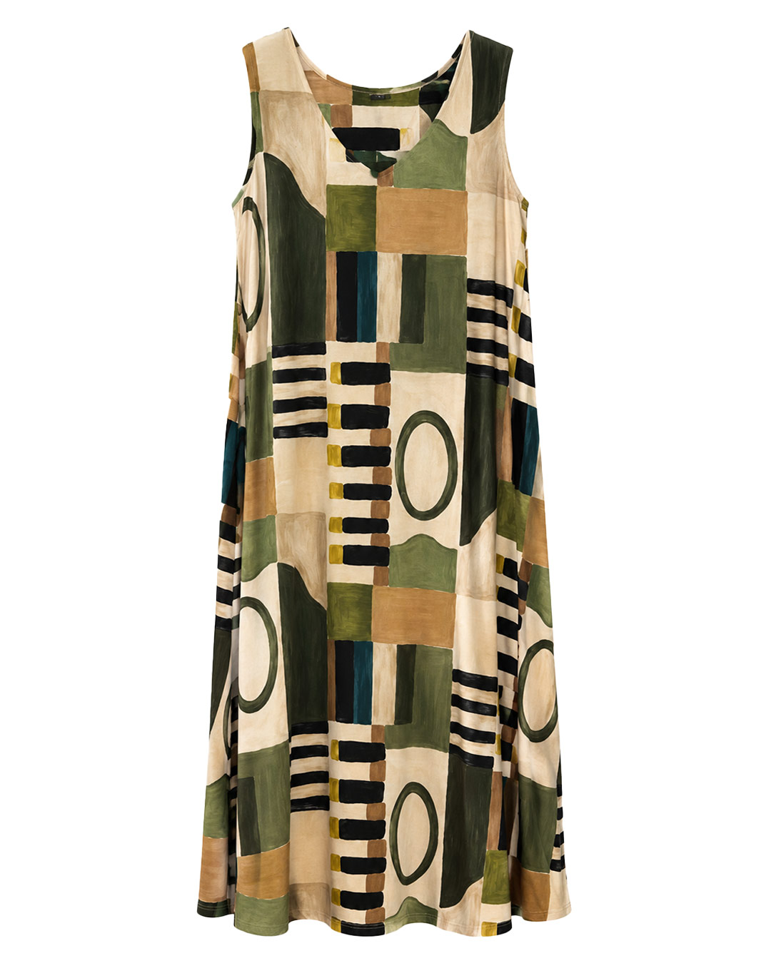 Vestido Óleo: vestido largo de diario sin mangas en tejido de licra fría con estampado artístico de pinceladas abstractas en tonos verde y tierra de Quiles_Shop.