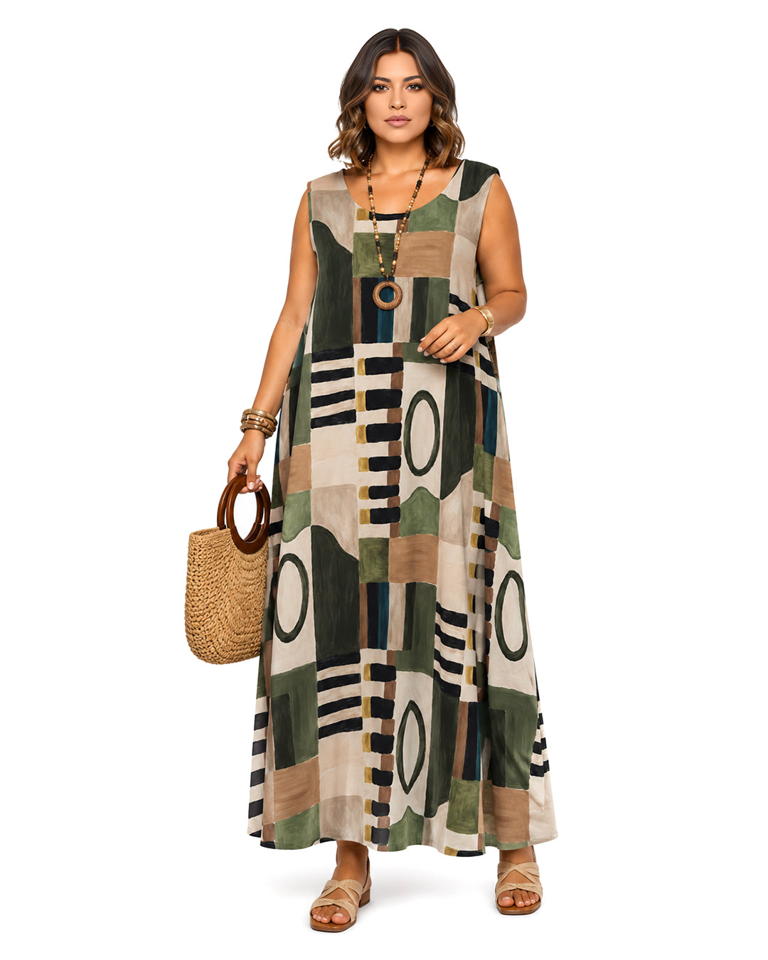 Vestido Óleo: vestido largo de diario sin mangas en tejido de licra fría con estampado artístico de pinceladas abstractas en tonos verde y tierra de Quiles_Shop.