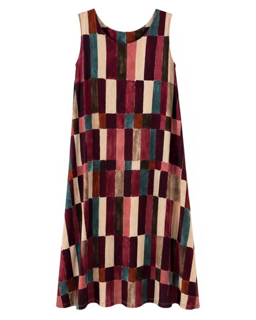 Vestido Pinceladas: vestido largo de diario sin mangas en tejido de licra fría con estampado geométrico de trazos artesanales de Quiles_Shop.