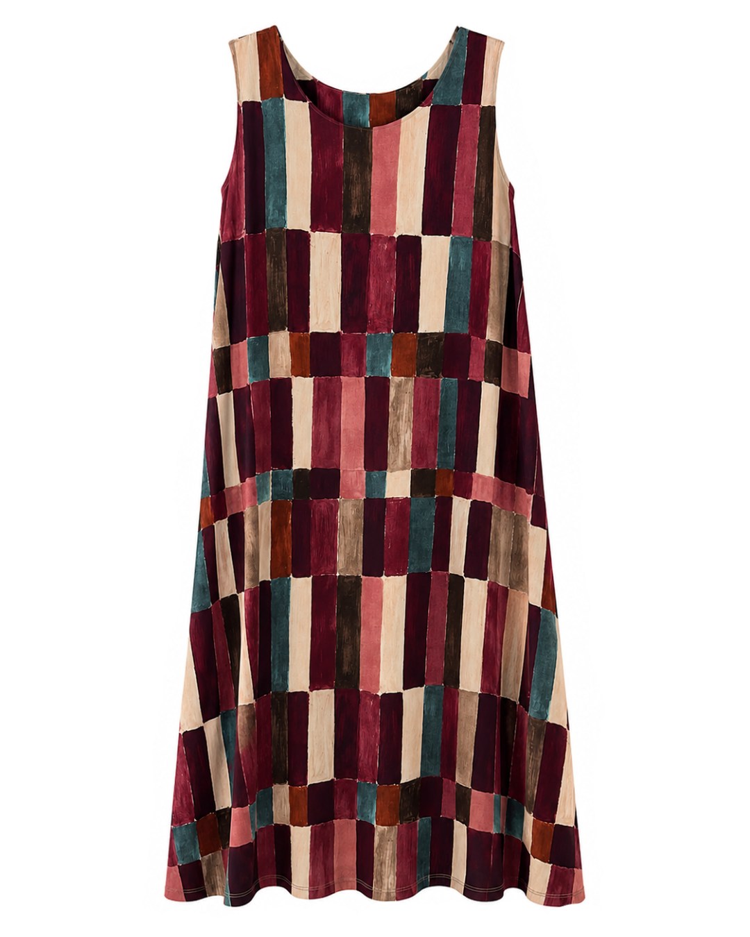 Vestido Pinceladas: vestido largo de diario sin mangas en tejido de licra fría con estampado geométrico de trazos artesanales de Quiles_Shop.