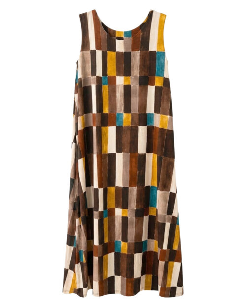 Vestido Pinceladas: vestido largo de diario sin mangas en tejido de licra fría con estampado geométrico de trazos artesanales de Quiles_Shop.