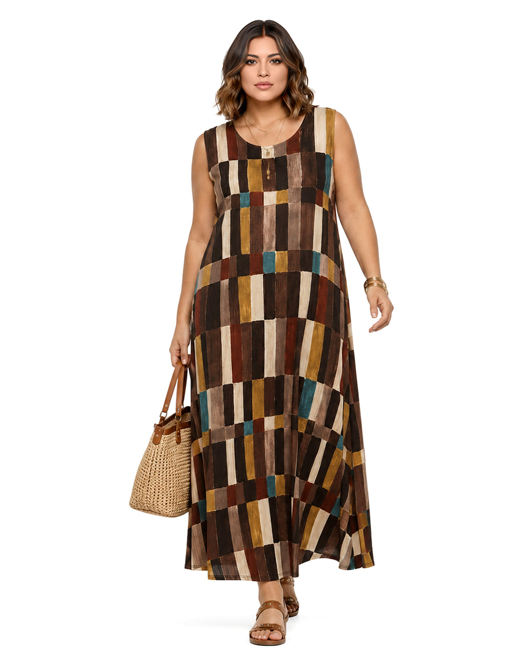 Vestido Pinceladas: vestido largo de diario sin mangas en tejido de licra fría con estampado geométrico de trazos artesanales de Quiles_Shop.