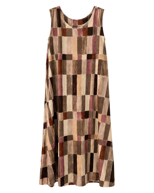 Vestido Pinceladas: vestido largo de diario sin mangas en tejido de licra fría con estampado geométrico de trazos artesanales de Quiles_Shop.