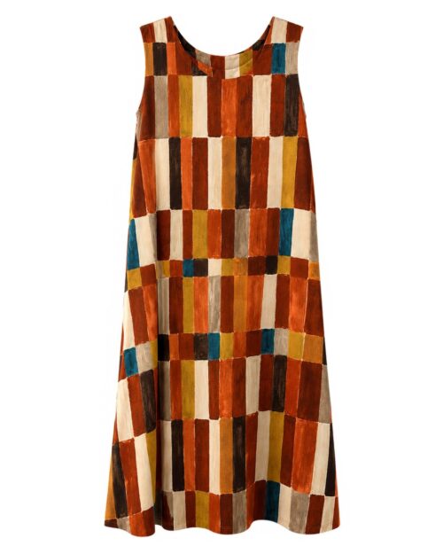 Vestido Pinceladas: vestido largo de diario sin mangas en tejido de licra fría con estampado geométrico de trazos artesanales de Quiles_Shop.