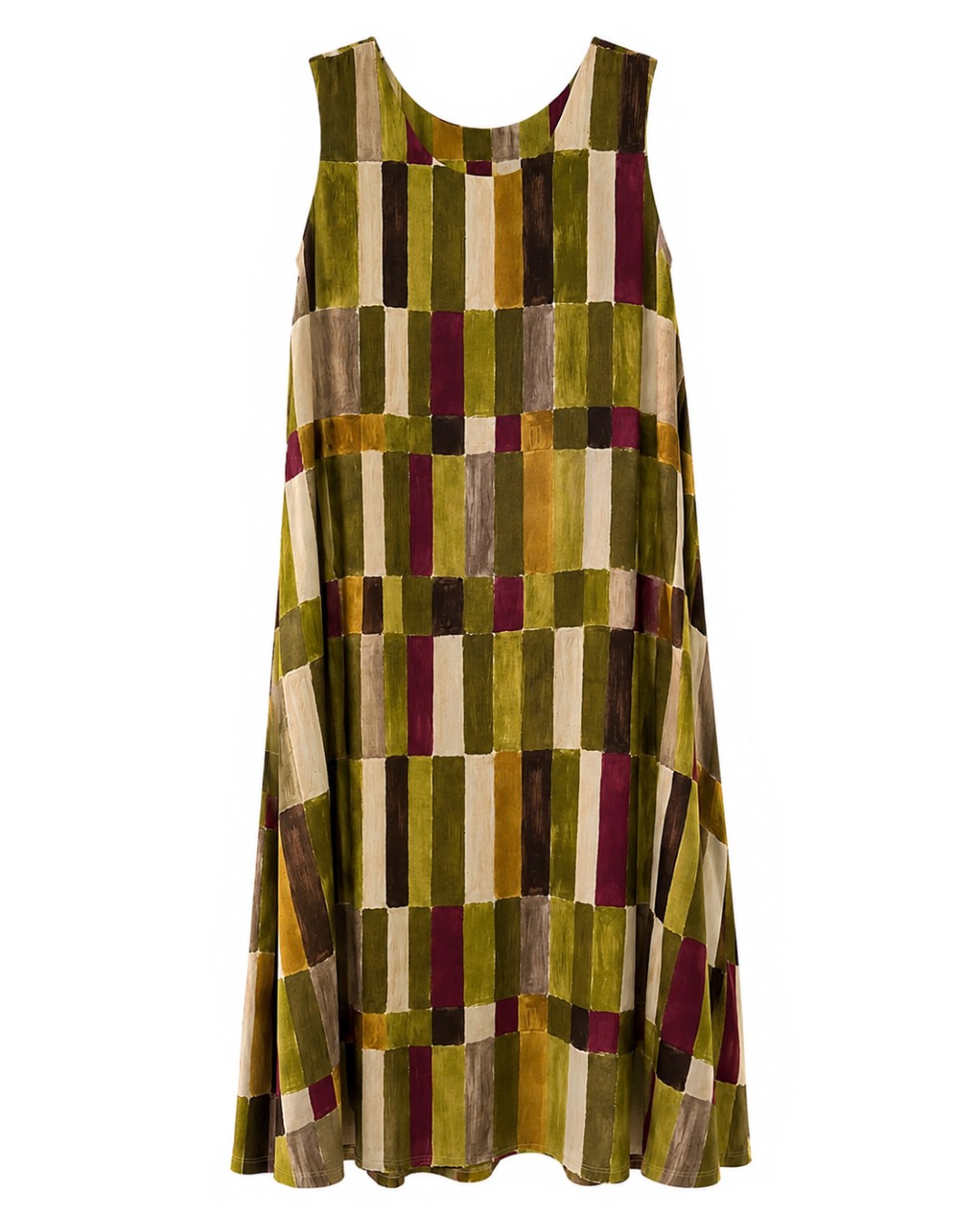 Vestido Pinceladas: vestido largo de diario sin mangas en tejido de licra fría con estampado geométrico de trazos artesanales de Quiles_Shop.