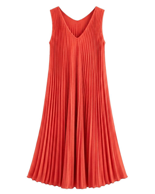 Vestido Plisado: vestido midi de tejido suelto con pliegues para mujeres reales de tallas curvy con escote en pico, diseño sin mangas y corte en diagonal de Quiles_Shop.