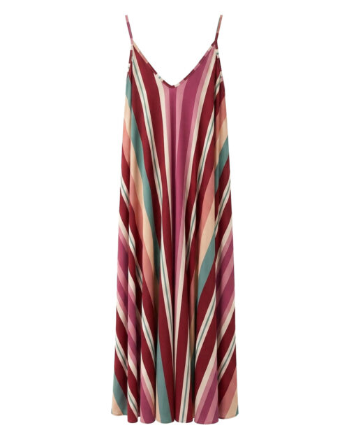 Vestido Prisma: vestido largo de diario de tirantes en licra fría con estampado de rayas multicolores en diagonal de Quiles_Shop.