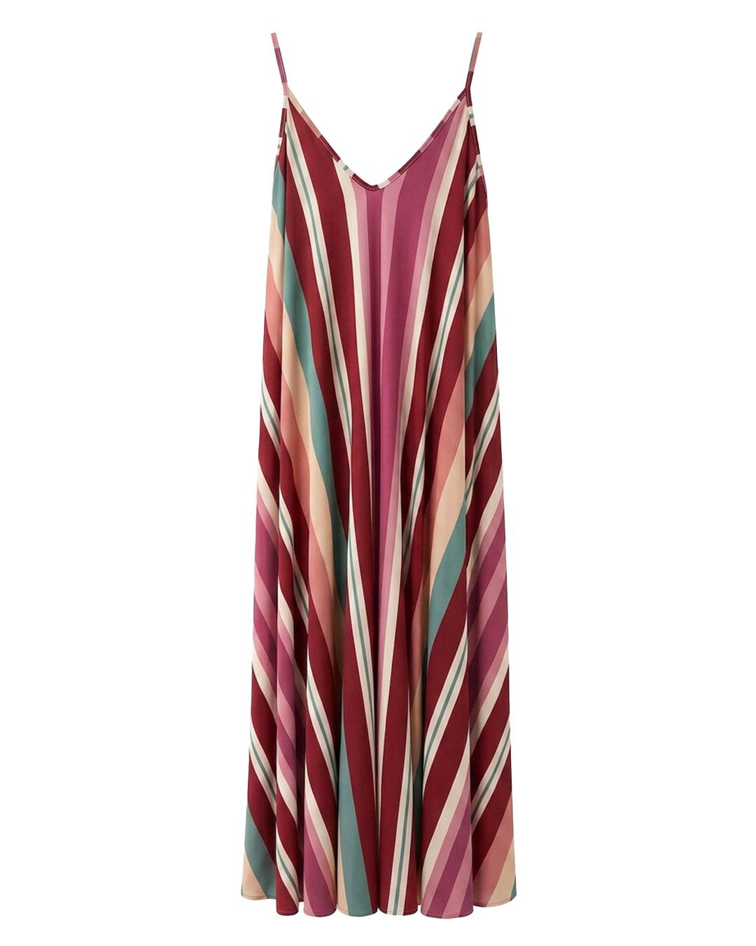 Vestido Prisma: vestido largo de diario de tirantes en licra fría con estampado de rayas multicolores en diagonal de Quiles_Shop.