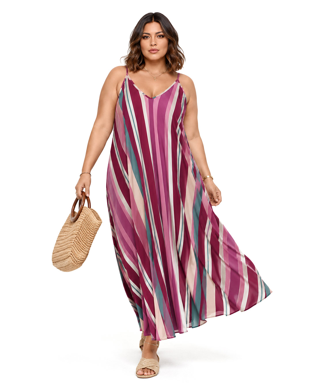 Vestido Prisma: vestido largo de diario de tirantes en licra fría con estampado de rayas multicolores en diagonal de Quiles_Shop.