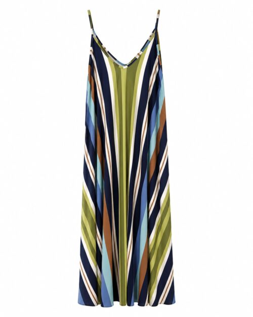 Vestido Prisma: vestido largo de diario de tirantes en licra fría con estampado de rayas multicolores en diagonal de Quiles_Shop.