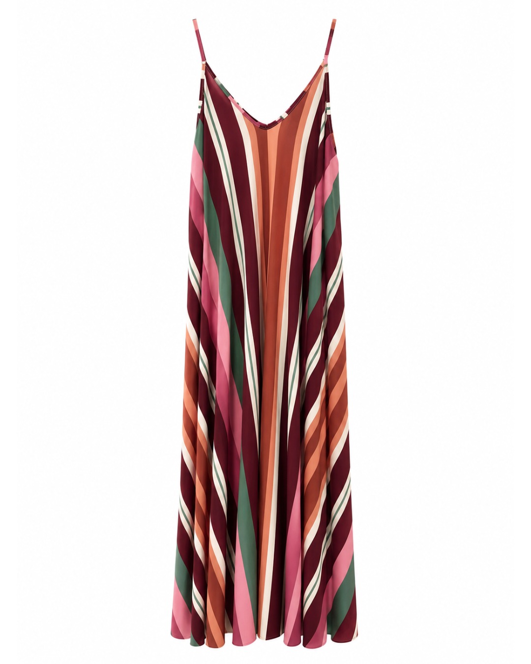 Vestido Prisma: vestido largo de diario de tirantes en licra fría con estampado de rayas multicolores en diagonal de Quiles_Shop.