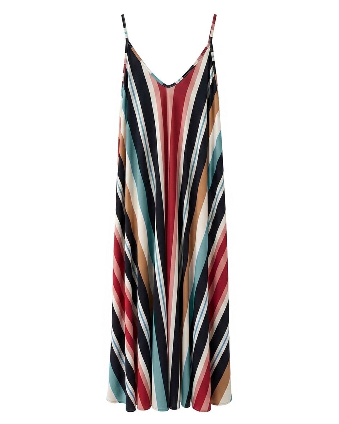 Vestido Prisma: vestido largo de diario de tirantes en licra fría con estampado de rayas multicolores en diagonal de Quiles_Shop.