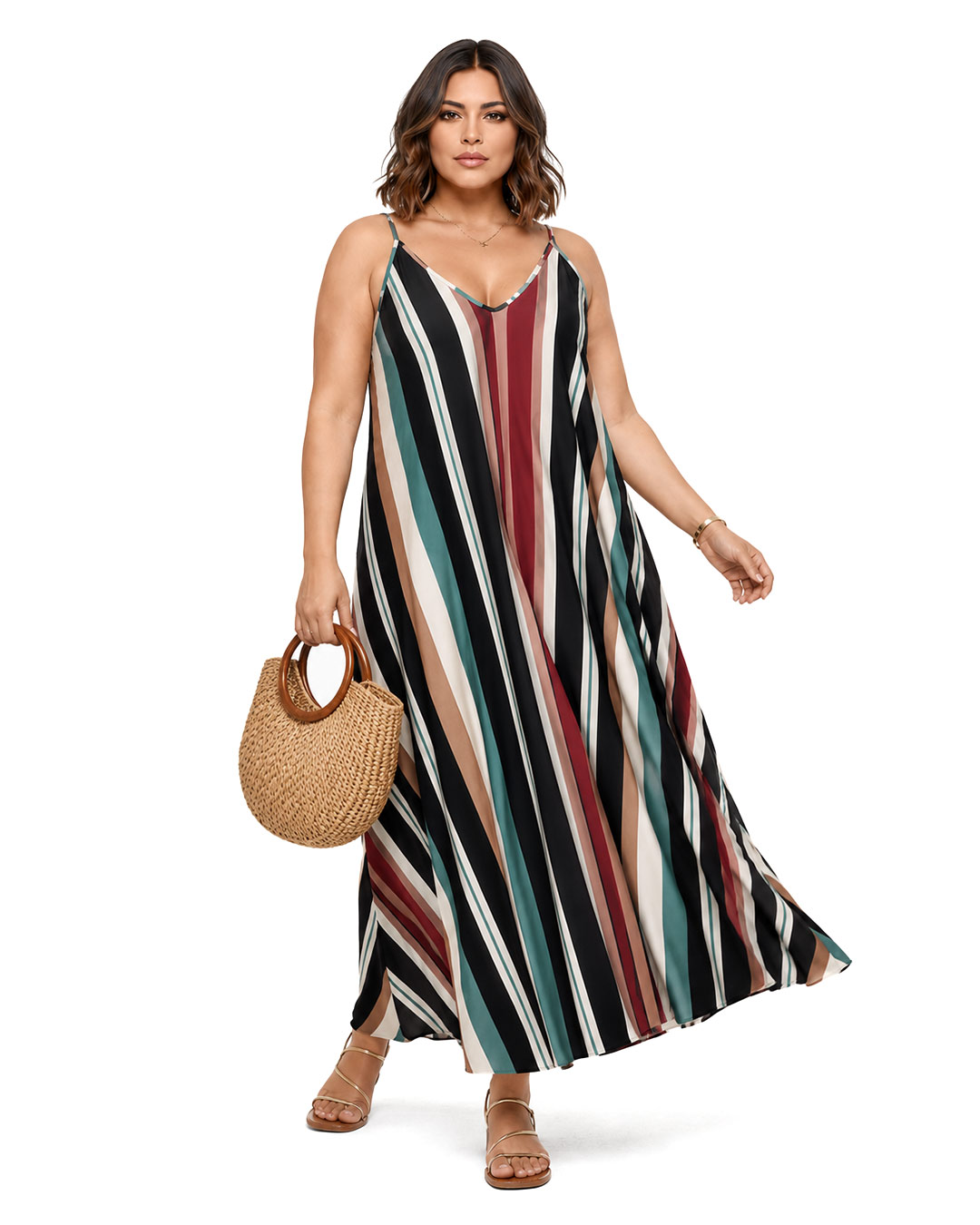 Vestido Prisma: vestido largo de diario de tirantes en licra fría con estampado de rayas multicolores en diagonal de Quiles_Shop.