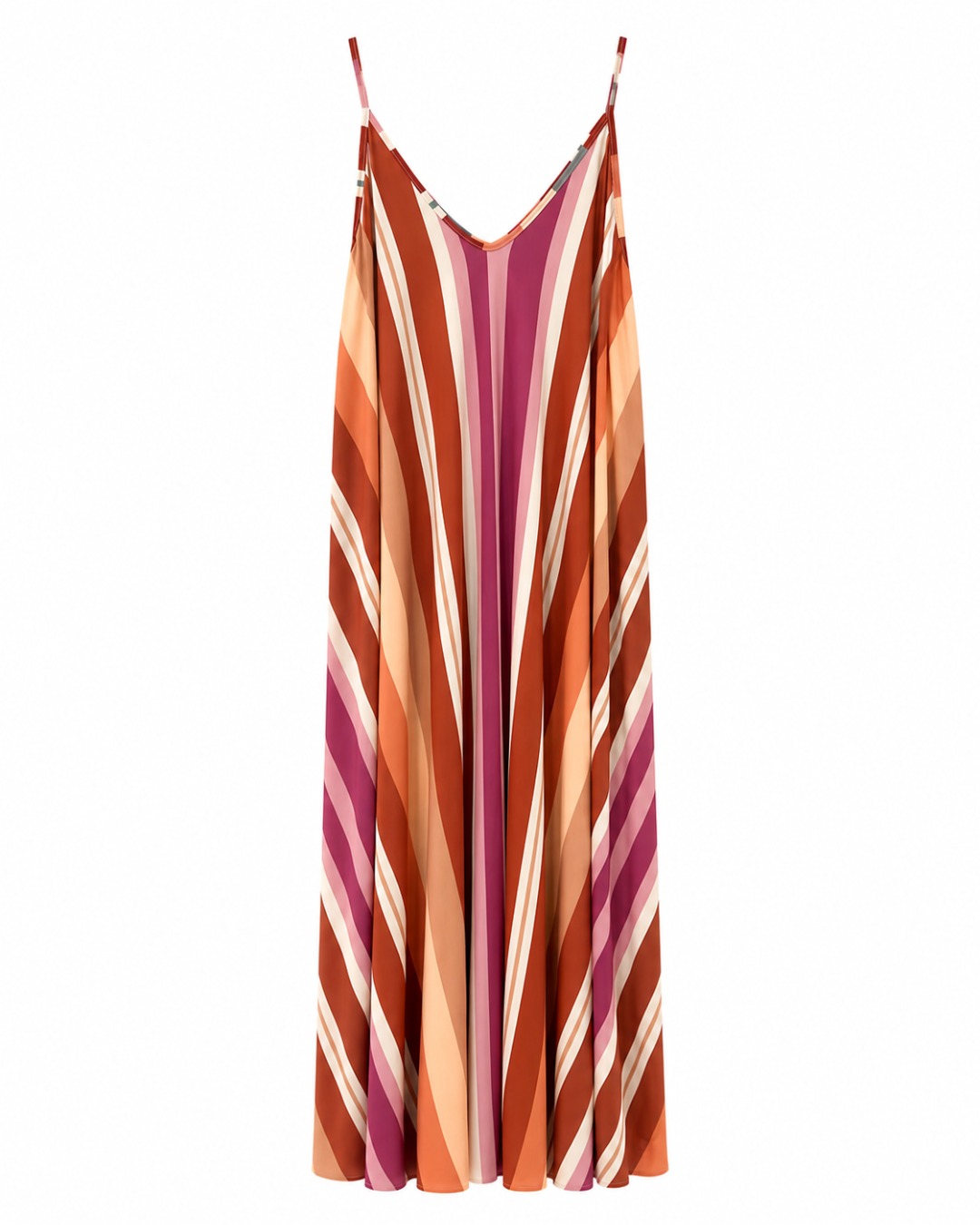 Vestido Prisma: vestido largo de diario de tirantes en licra fría con estampado de rayas multicolores en diagonal de Quiles_Shop.