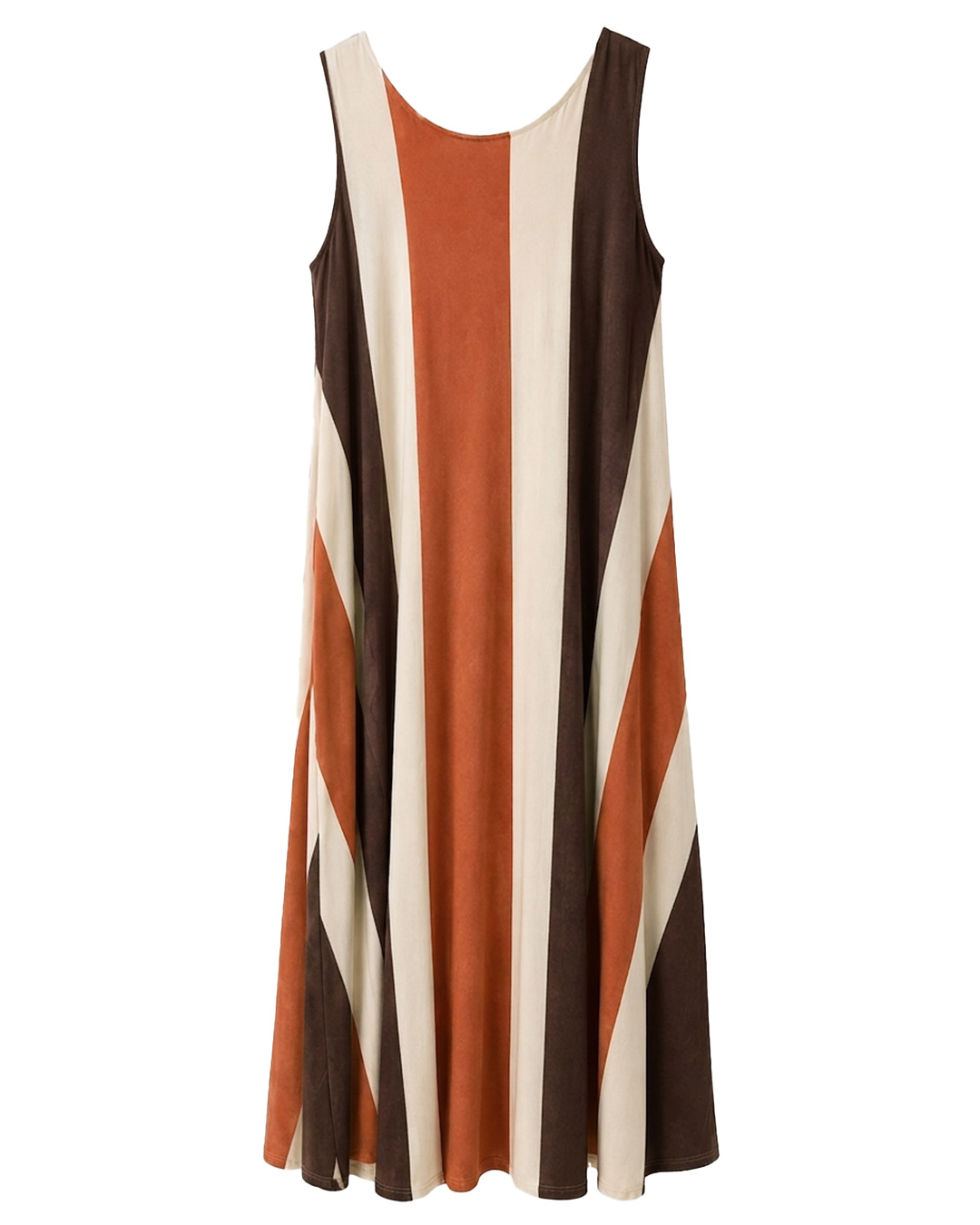 Vestido Rayas: vestido largo de diario sin mangas en tejido de licra fría con estampado de rayas verticales anchas en tonos marrón, teja y crema de Quiles_Shop.
