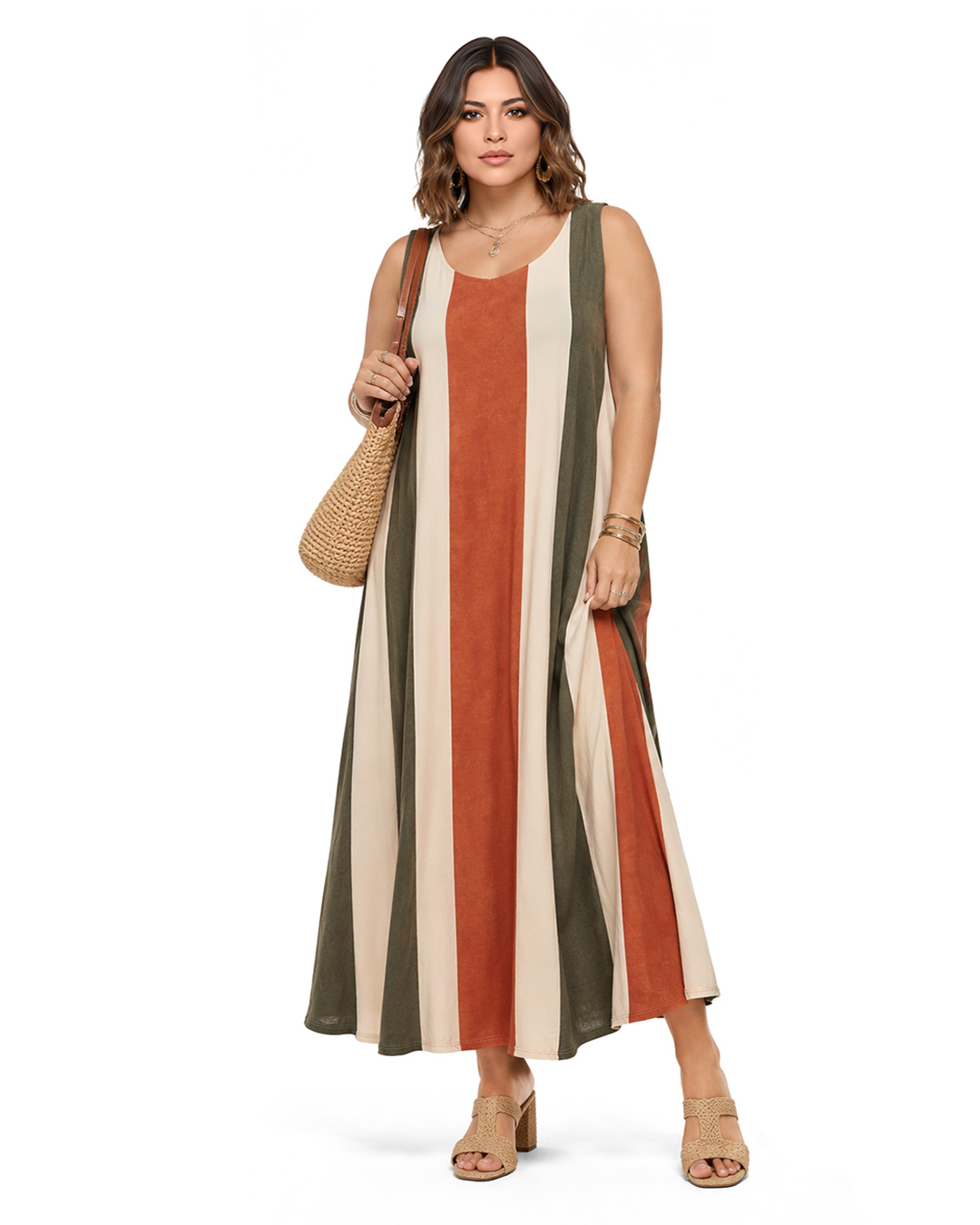 Vestido Rayas: vestido largo de diario sin mangas en tejido de licra fría con estampado de rayas verticales anchas en tonos verde, teja y crema de Quiles_Shop.