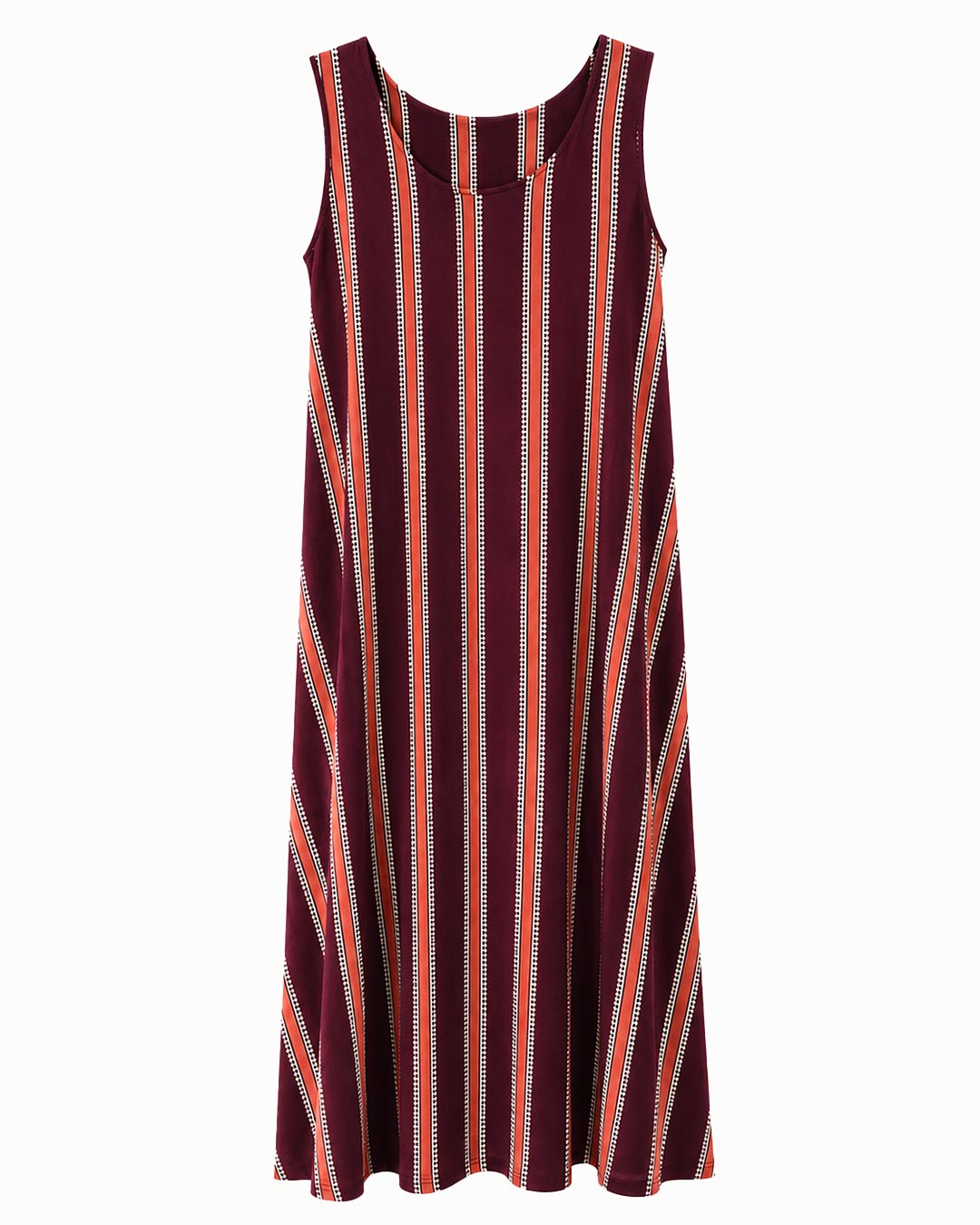 Vestido Retro: vestido largo sin mangas en licra fría con estampado de rayas verticales de Quiles_Shop (Imagen generada por IA).