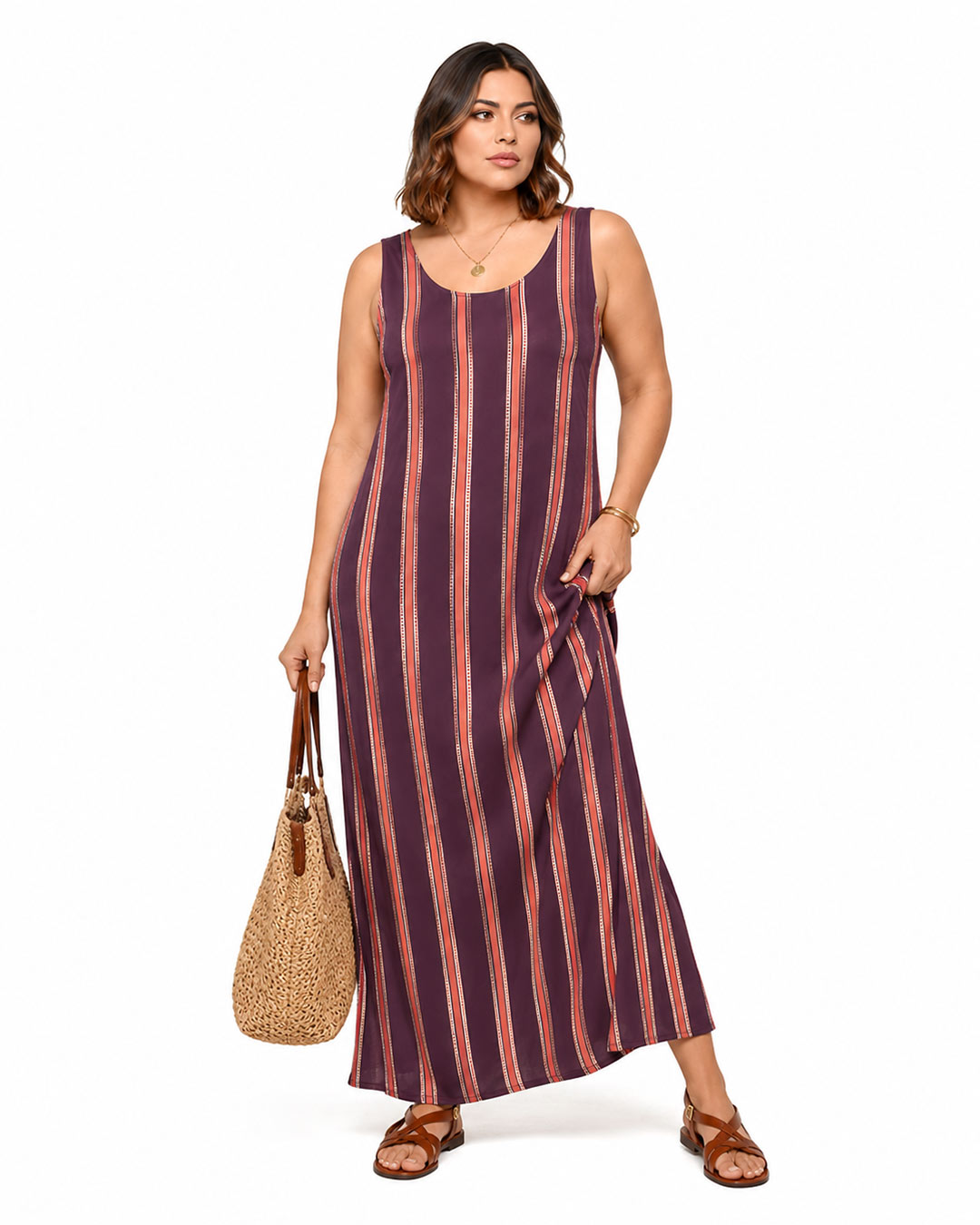 Vestido Retro: vestido largo sin mangas en licra fría con estampado de rayas verticales de Quiles_Shop (Imagen generada por IA).