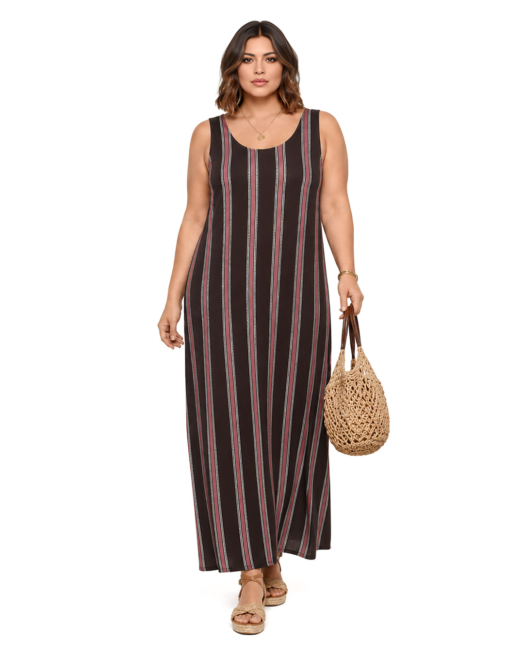 Vestido Retro: vestido largo sin mangas en licra fría con estampado de rayas verticales de Quiles_Shop (Imagen generada por IA).