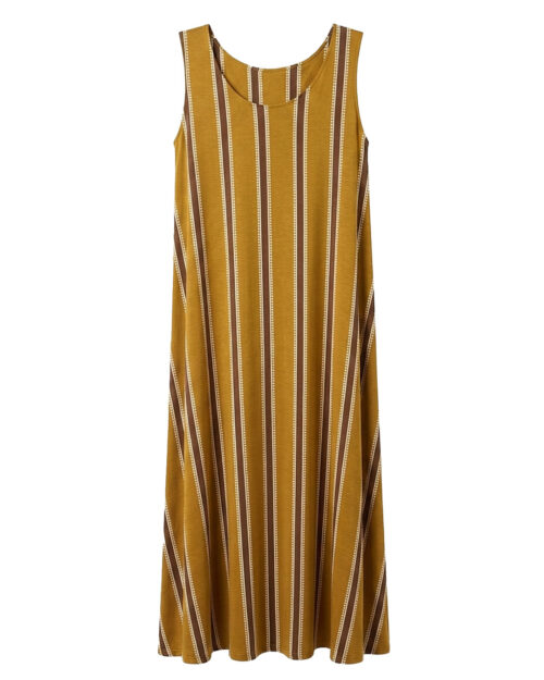 Vestido Retro: vestido largo sin mangas en licra fría con estampado de rayas verticales de Quiles_Shop (Imagen generada por IA).