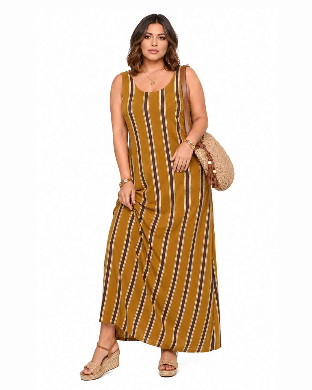 Vestido Retro: vestido largo sin mangas en licra fría con estampado de rayas verticales de Quiles_Shop (Imagen generada por IA).