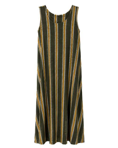 Vestido Retro: vestido largo sin mangas en licra fría con estampado de rayas verticales de Quiles_Shop (Imagen generada por IA).