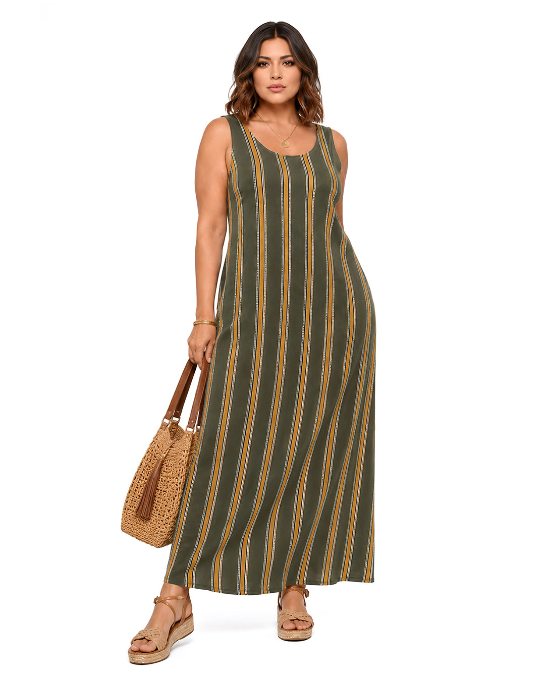 Vestido Retro: vestido largo sin mangas en licra fría con estampado de rayas verticales de Quiles_Shop (Imagen generada por IA).