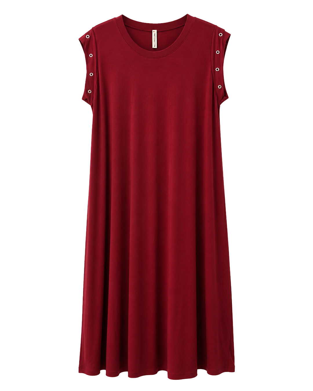Vestido Tachas: vestido largo de diario color burdeos en punto fluido de viscosa con cuello redondo y detalle de tachas metálicas en las mangas de Quiles_Shop.