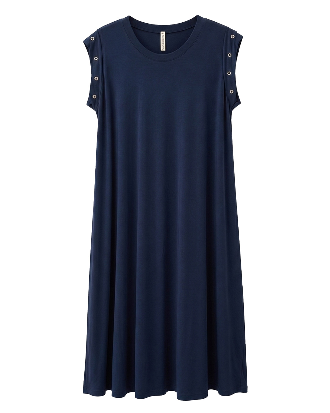 Vestido Tachas: vestido largo de diario color azul marino en punto fluido de viscosa con cuello redondo y detalle de tachas metálicas en las mangas de Quiles_Shop.
