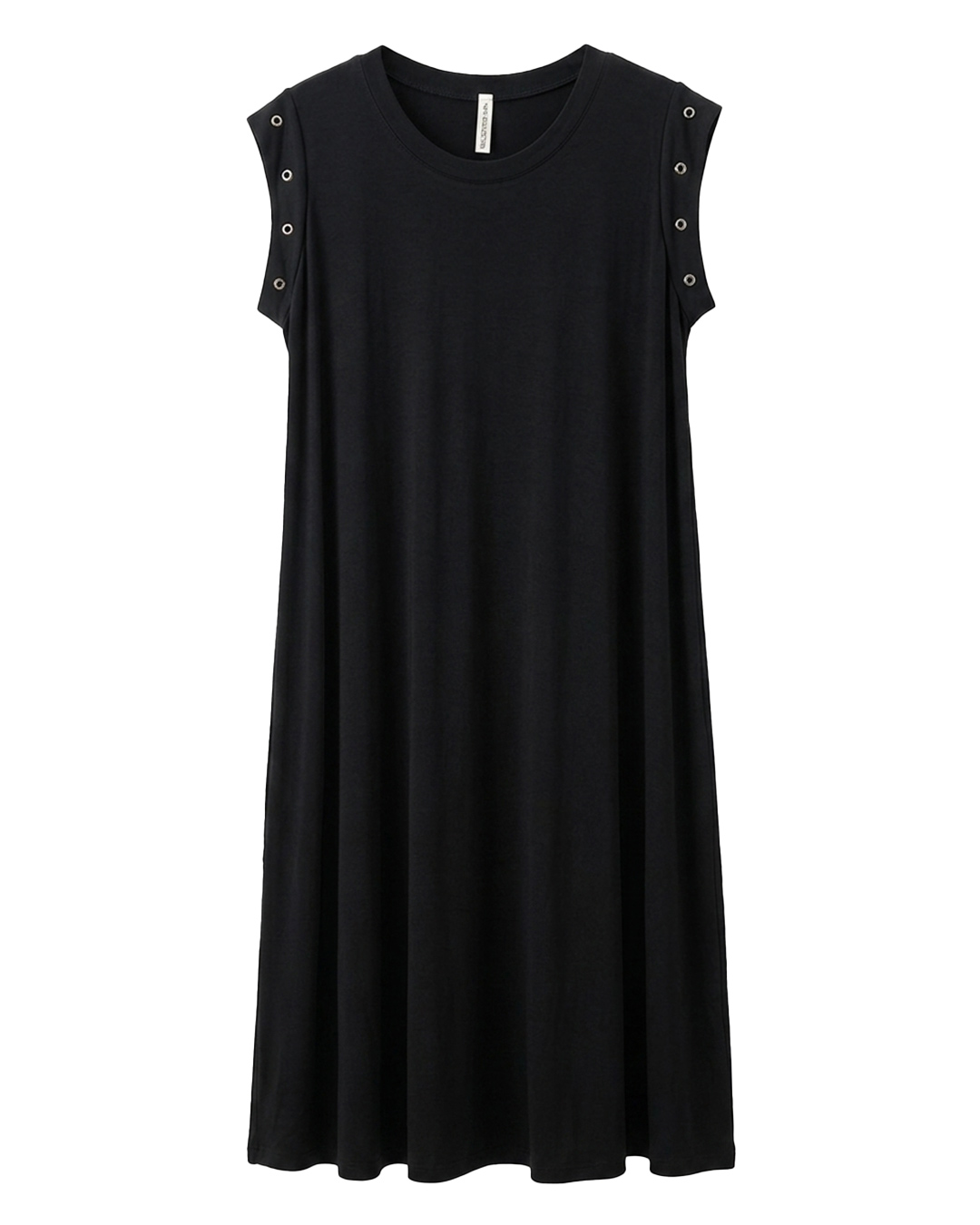 Vestido Tachas: vestido largo de diario color negro en punto fluido de viscosa con cuello redondo y detalle de tachas metálicas en las mangas de Quiles_Shop.