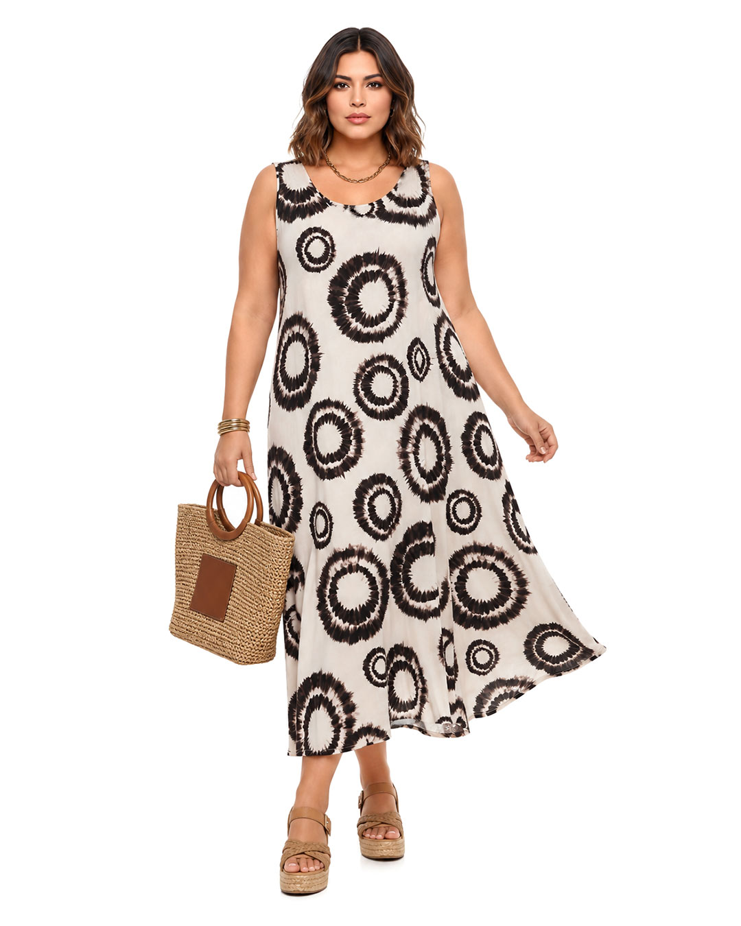 Vestido Zen: vestido largo de tirantes anchos en licra fría con estampado de rosetones en marron y fondo claro de Quiles_Shop (Imagen generada por IA).