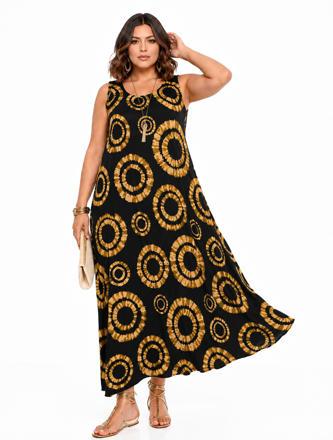 Vestido Zen: vestido largo de tirantes anchos en licra fría con estampado de rosetones en verde y fondo claro de Quiles_Shop (Imagen generada por IA).