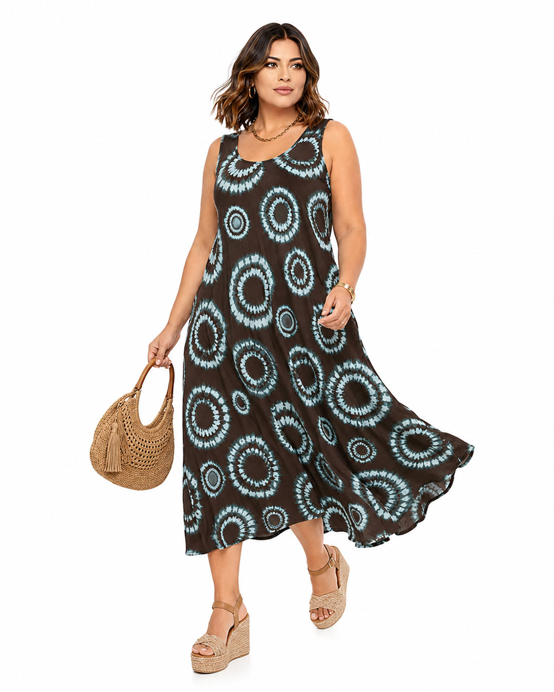 Vestido Zen: vestido largo de tirantes anchos en licra fría con estampado de rosetones en azul y fondo marron de Quiles_Shop (Imagen generada por IA).
