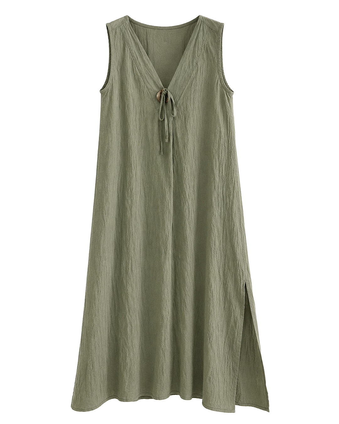 Vestido Natura: vestido largo verde caqui sin mangas en viscosa fluida efecto lino con escote en pico y abertura en un lado de Quiles_Shop (Imagen generada por IA).