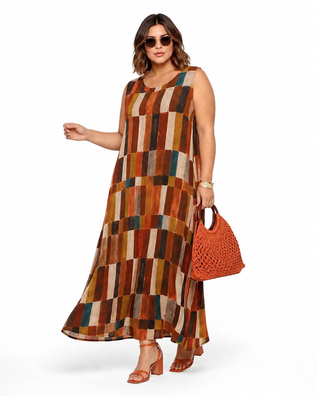 Vestido Pinceladas: vestido largo de diario sin mangas en tejido de licra fría con estampado geométrico de trazos artesanales de Quiles_Shop.