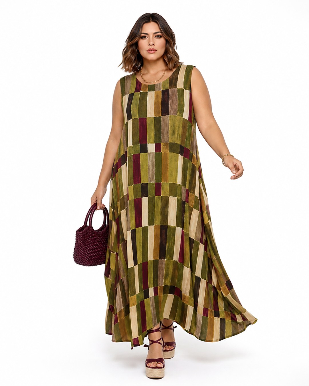 Vestido Pinceladas: vestido largo de diario sin mangas en tejido de licra fría con estampado geométrico de trazos artesanales de Quiles_Shop.