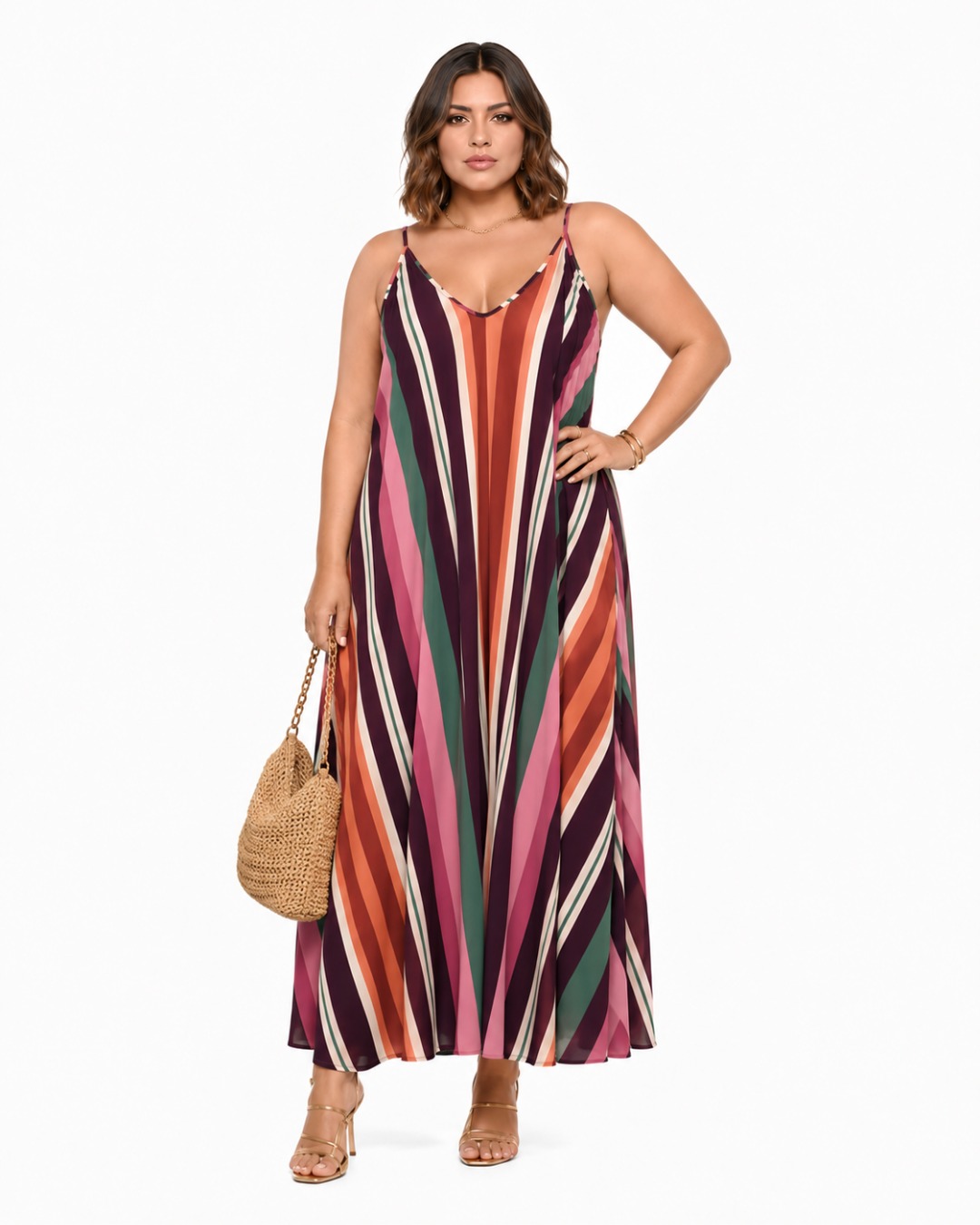 Vestido Prisma: vestido largo de diario de tirantes en licra fría con estampado de rayas multicolores en diagonal de Quiles_Shop.