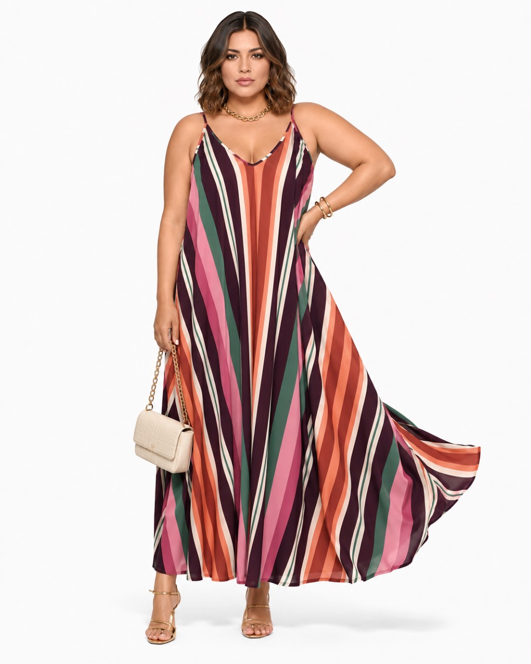 Vestido Prisma: vestido largo de diario de tirantes en licra fría con estampado de rayas multicolores en diagonal de Quiles_Shop.