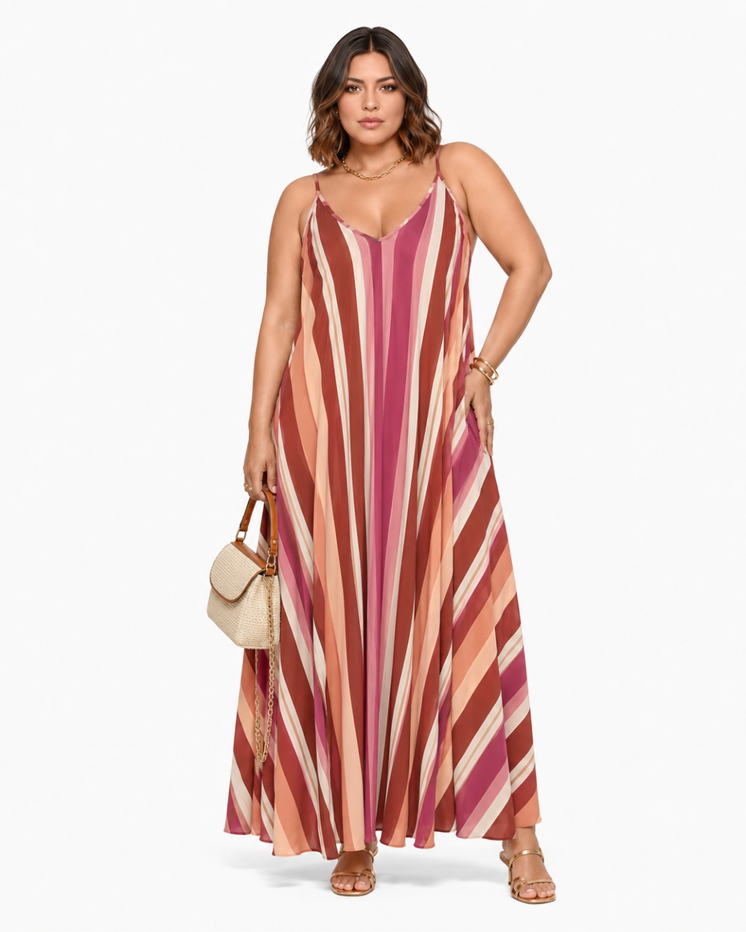 Vestido Prisma: vestido largo de diario de tirantes en licra fría con estampado de rayas multicolores en diagonal de Quiles_Shop.