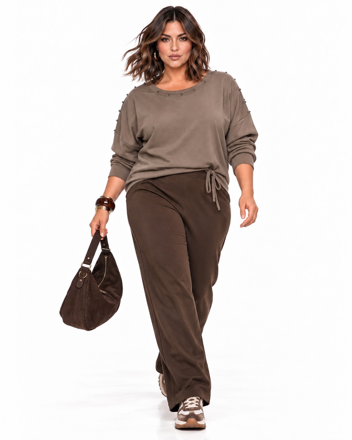 Sudadera tachas topo para mujer con cuello redondo, corte amplio y bajo ajustable