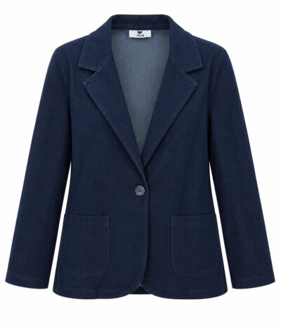 Blazer vaquera azul oscuro con solapas, cierre de un botón y bolsillos delanteros