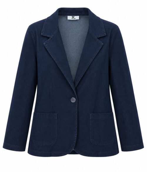 Blazer vaquera azul oscuro con solapas, cierre de un botón y bolsillos delanteros