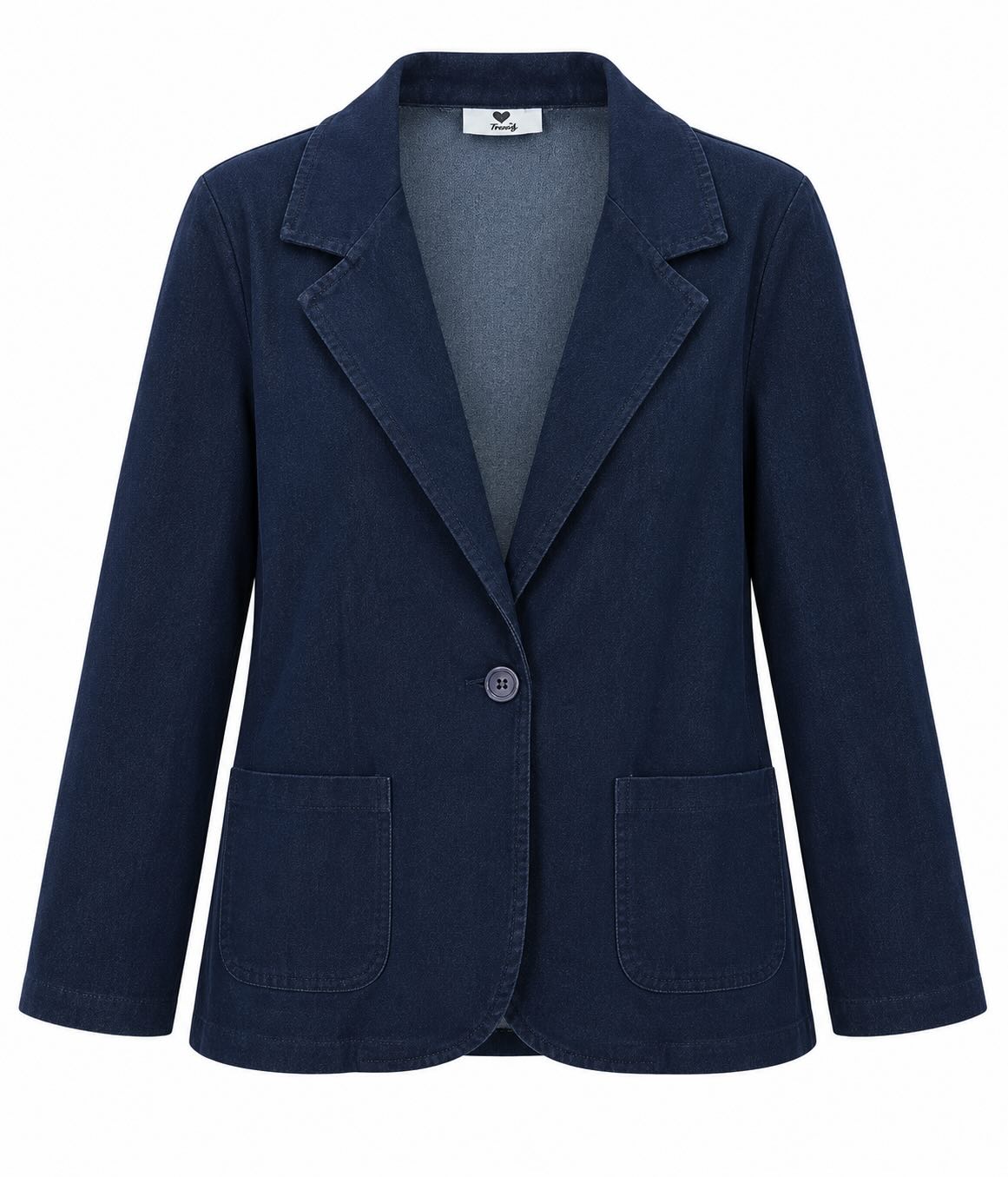 Blazer vaquera azul oscuro con solapas, cierre de un botón y bolsillos delanteros