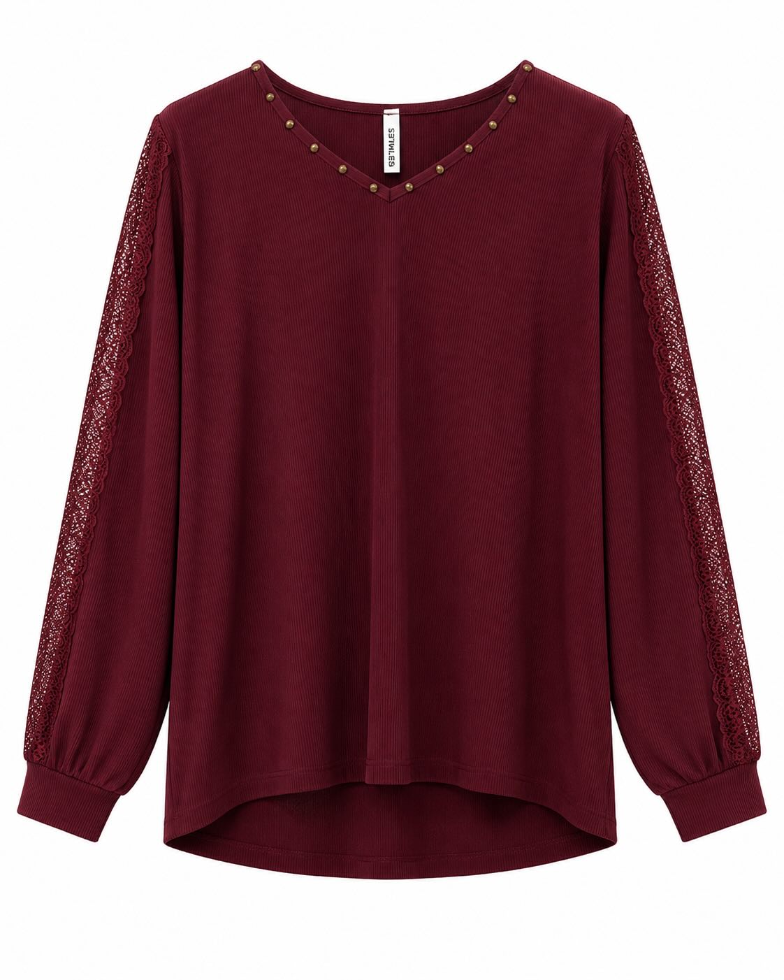 Blusa burdeos de canalé con escote de tachas y mangas de encaje