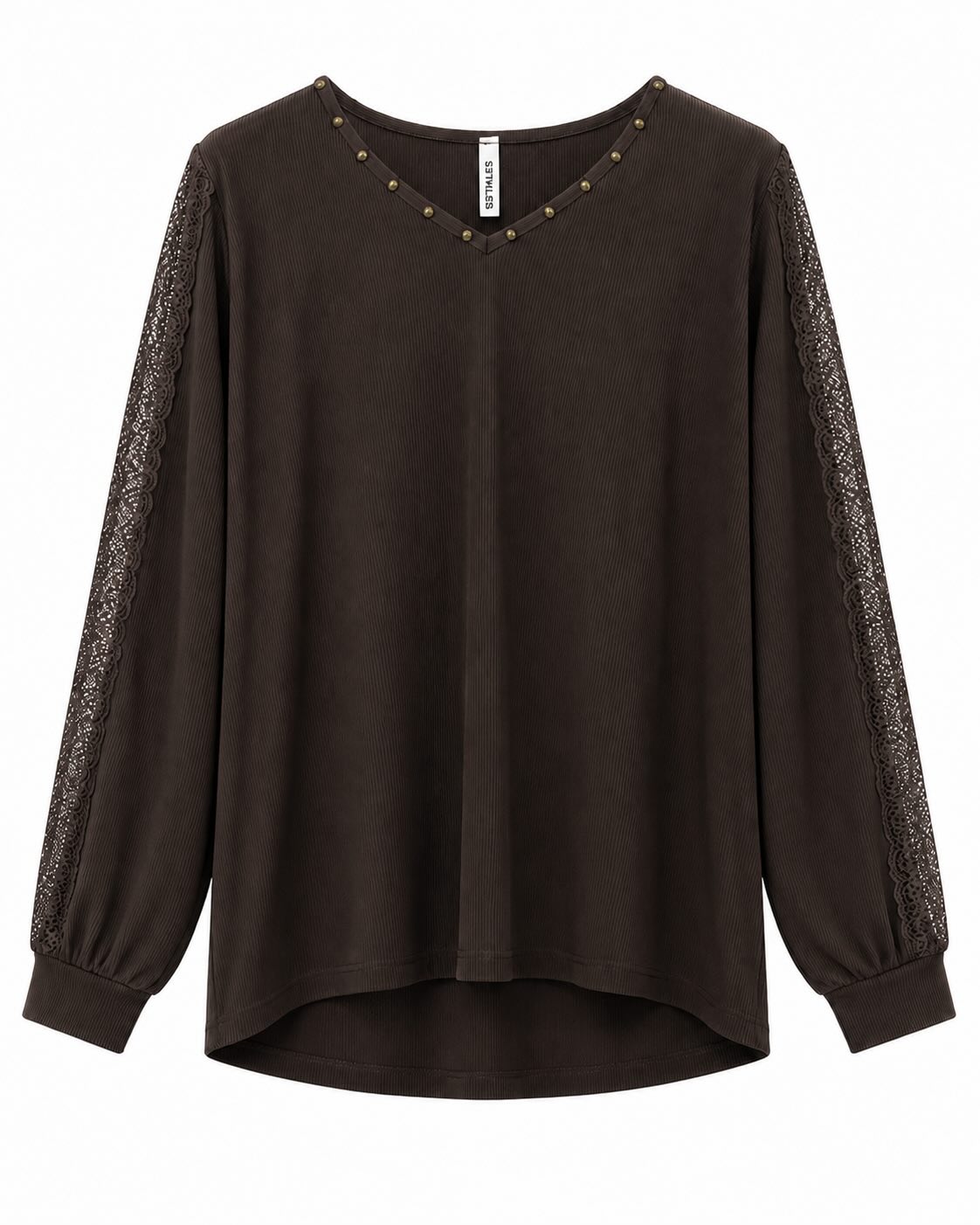 Blusa marrón de canalé con escote de tachas y mangas de encaje