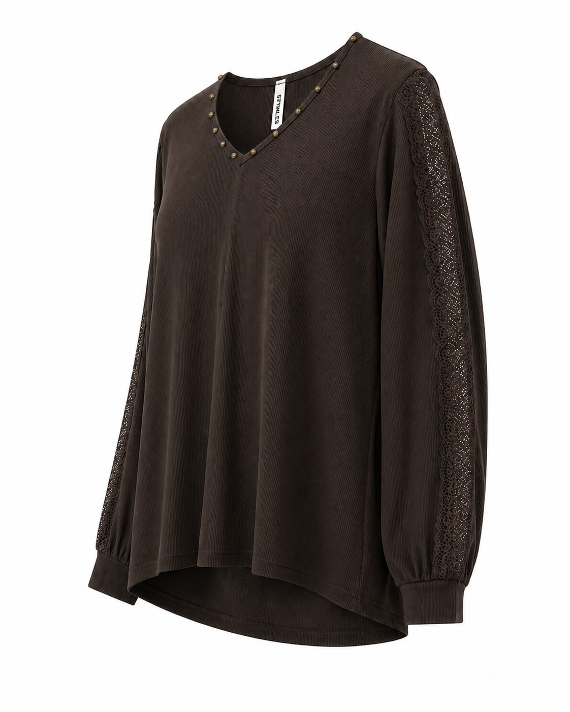 Vista lateral de la blusa marrón de canalé con encaje en la manga
